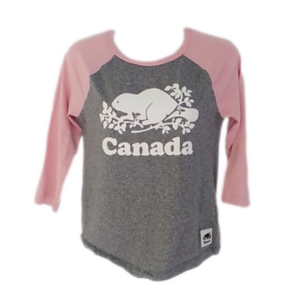 2/25 ROOTS Kids Grey + Pink Top Large White Beaver Logo Canada EUC Girl Size L